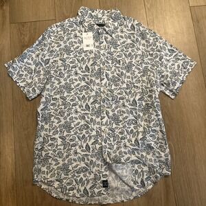 Lucky Brand Mens Button Up Shirt Short‎ Sleeve Floral Linen Blend Green Small